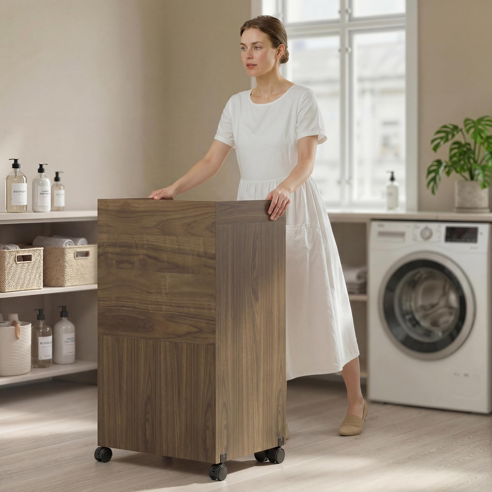 HOMCOM Bügeltisch, zusammenklappbar, mit Rädern, 154 x 55 x 87 cm, Braun | Bügeleisenhalter, Mehrzweckschrank mit Ablagen, offenes Fach, für Waschküche, Badezimmer