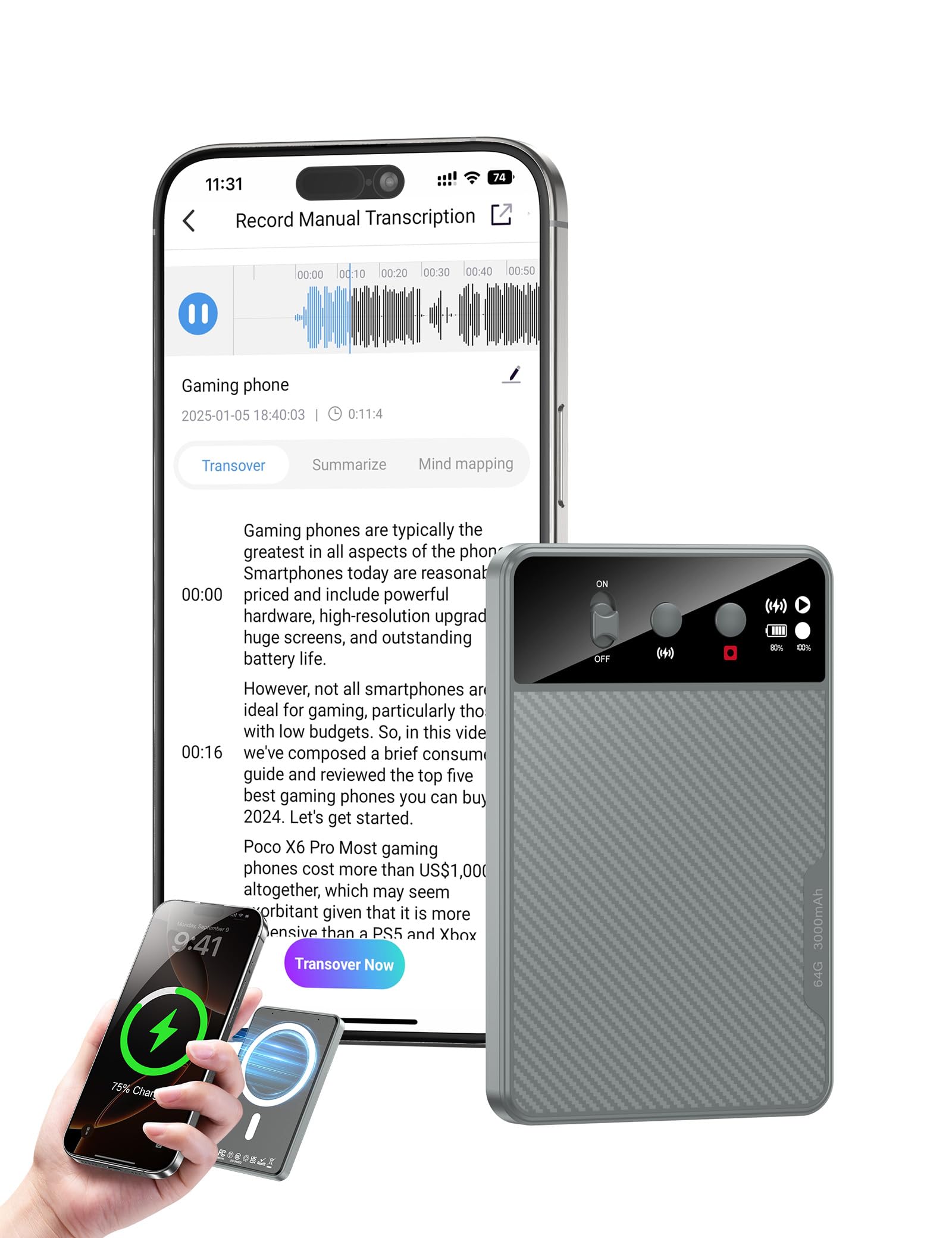 Registratore Vocale AI, Trascrizione e Riepilogo Accurate, Registratore Supportato da ChatGPT, 64 GB di Memoria, 107 Lingue, Magnetismo Potente,Voice Recorder One-Touch per Riunioni/Chiamate