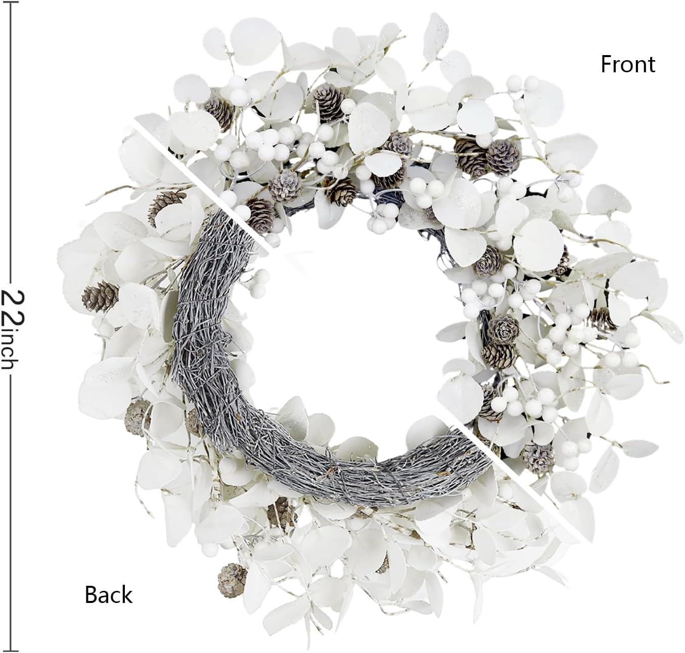 TOKCARE Winter Wreaths for Front Door, 22 Inch White Christmas Wreath with Pinecones and Berries Eucalyptus Wreath for Fireplace Xmas Decorations,Front Porch Decor and Wall Window Decor