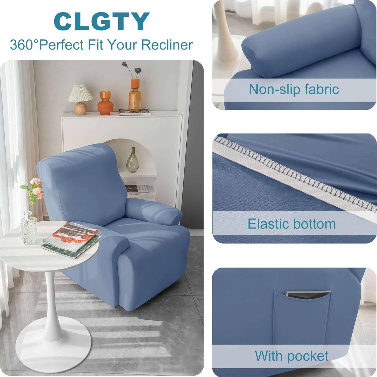 Polyester 8-Piece Recliner Couch Covers 3 Seat, Stretch Soft Lazy boy Reclining Sofa slipcover with Pocket Armchair Covers for Kids Pets Cat Dog-Blue-3 Seat
