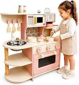 Cozinha Infantil de Madeira com Fogão, Micro-ondas, Forno, Cafeteira e Pia, 15 Acessórios, para Crianças a Partir de 3 Anos (Rosa)