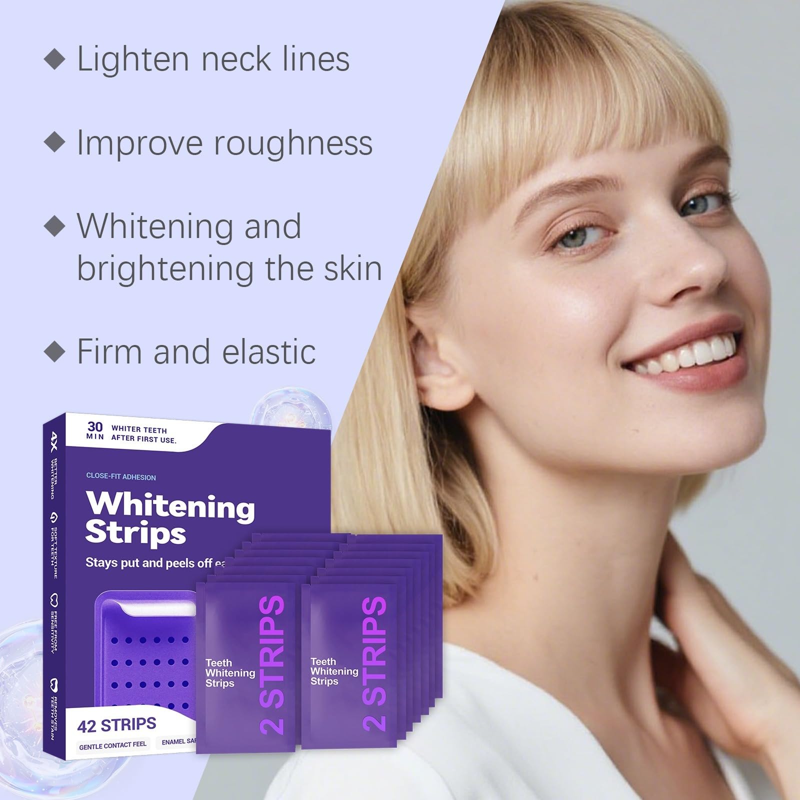 PURPLE WHITENING STRIPS, Nastro sbiancante dentale viola senza perossido, denti con formula per un sorriso brillante a casa Macchie Caffè/tè/vino sbiancamento sicuro senza danni