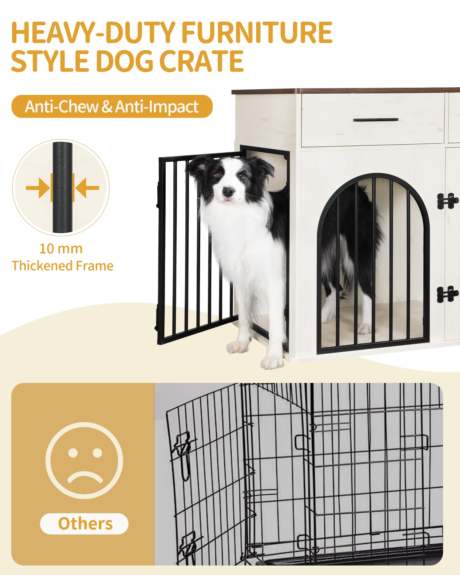 Hzuaneri 100 cm Hundekäfig Möbel mit 2 Schubladen, Hundebox für den Innenbereich mit Ladestation, Hundebox aus Holz Beistelltisch, Hochbelastbar Hundekäfig für Große Hunde, Weiß Braun DFC87214B