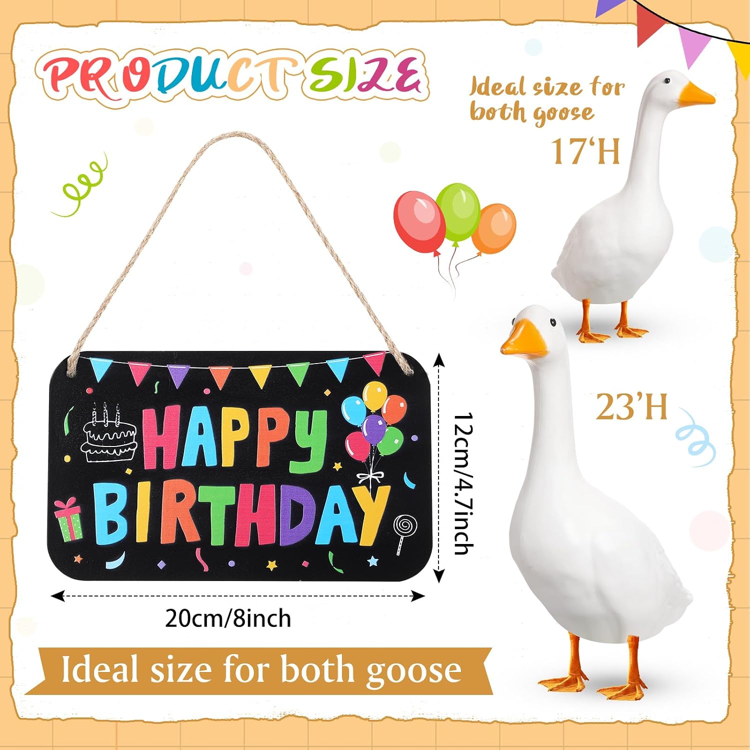 Geelin Happy Birthday Porch Goose Outfits Porch Goose Accessories Wooden Sign Decor for 23" Cement/Plastic Birthday Day Yard Lawn(Black,Classic) image 2