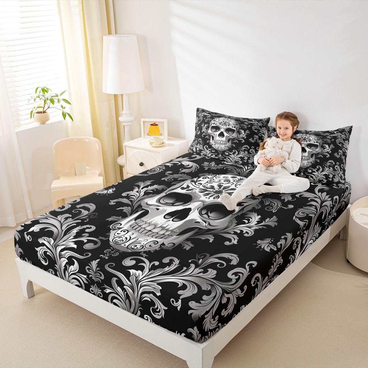 Homewish Lenzuolo con angoli in damascato nero, per letto king size, 3