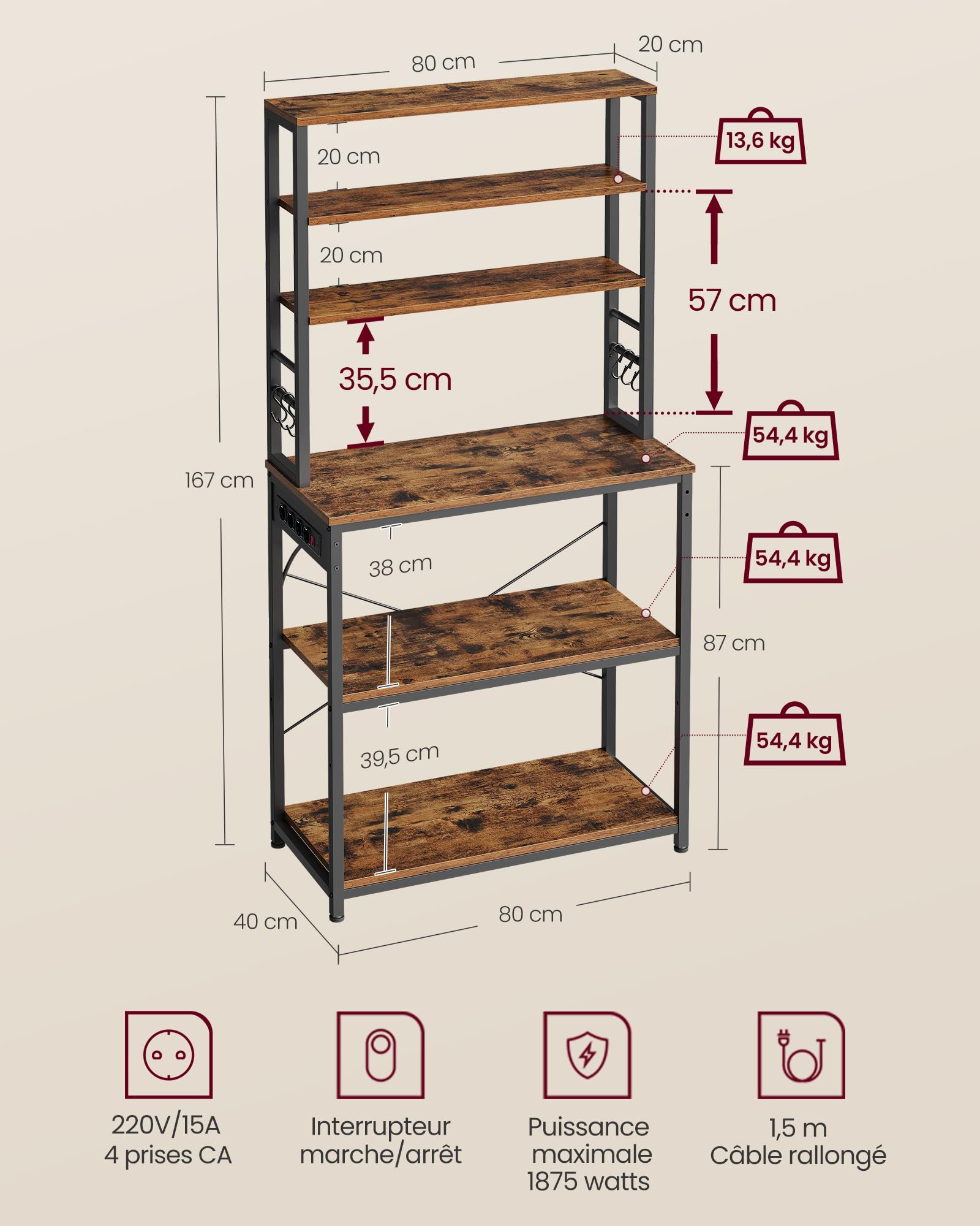 VASAGLE Étagère de Cuisine avec Multiprise, Étagère pour Machine à Café, 6 Étagères, 6 Crochets, pour Four à Micro-Ondes, Cadre en Acier, 40 x 80 x 167 cm, Marron Rustique et Noir d'encre KKS119K06