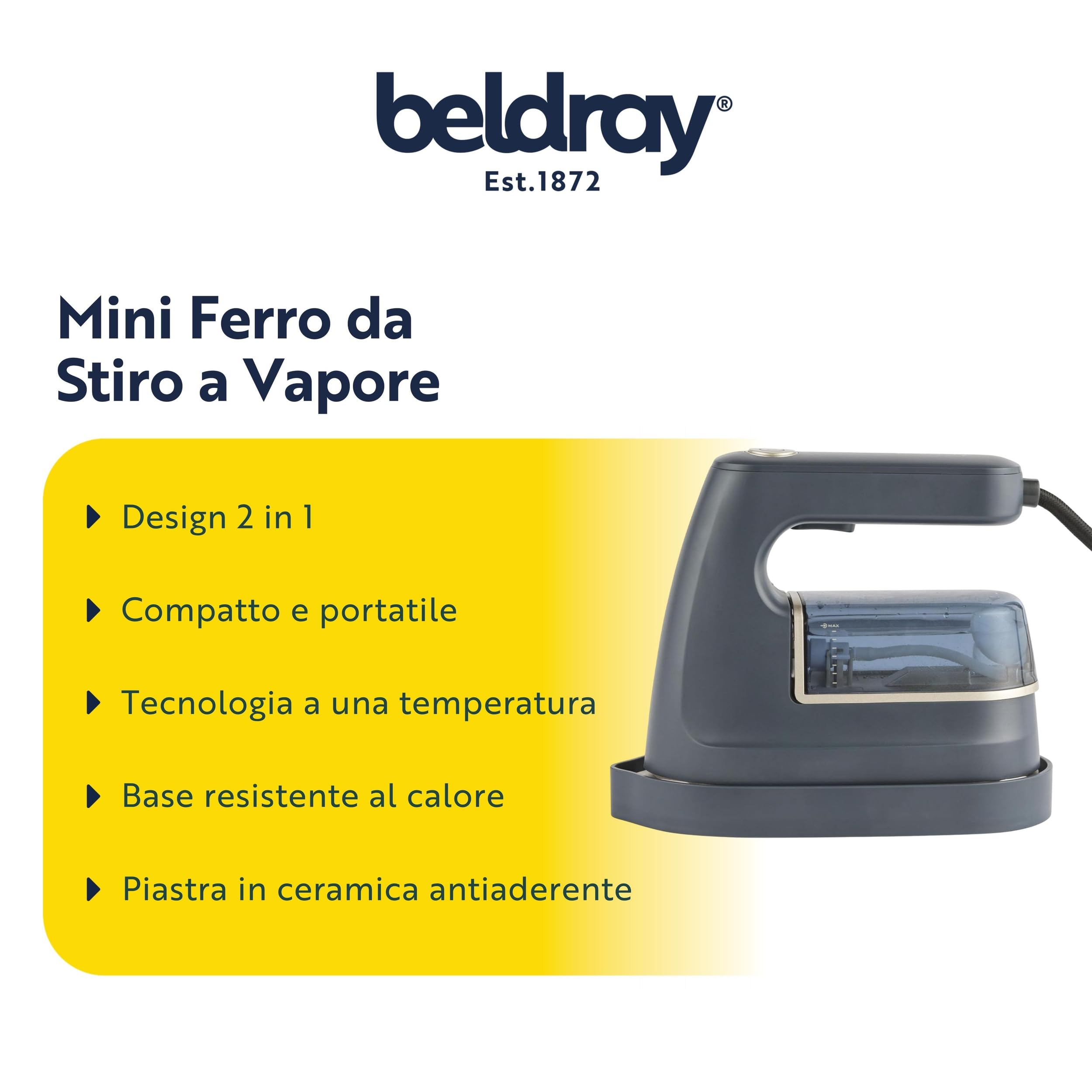 Beldray 2 in 1 Ferro da stiro e piroscafo per indumenti - Mini ferro da stiro a vapore da viaggio, una temperatura, base di resistente al calore, piastra in ceramica antiaderente,100 ml, 1200W