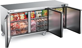 Coolski Commercial Freezer, 72W 3 Door Under Counter Freezer with 20.9 Cu.ft.,13Fto -5F Stainless Steel Fan Cooling Worktop Freezer for Restaurant, Bar, Kitchen, Food Truck