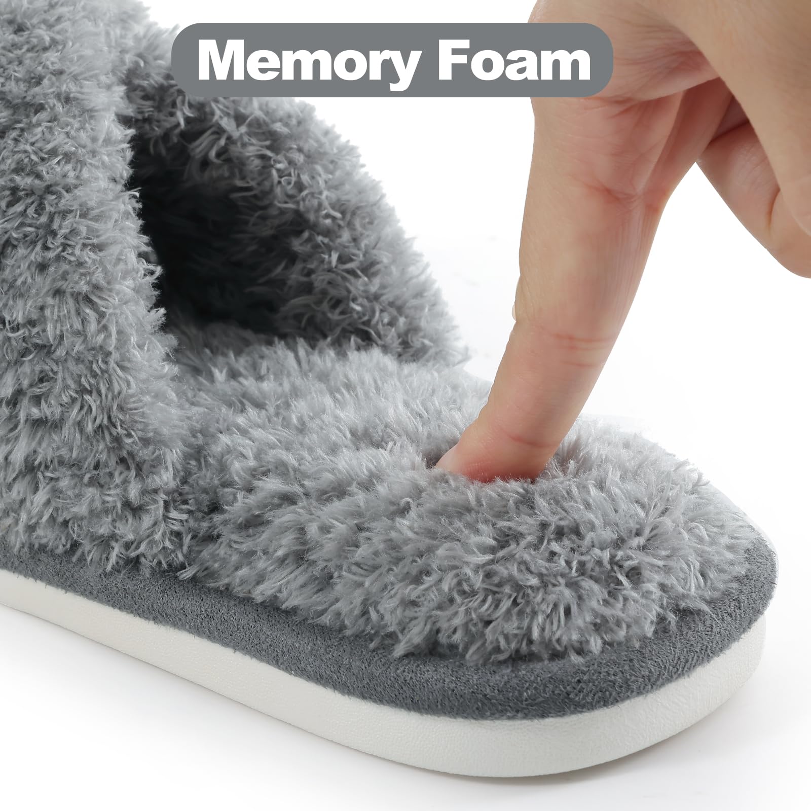 Evshine Women's Fuzzy Slippers Cross Band Memory Foam House Slippers Open Toe: 10-11 Cherry Velvet Grey