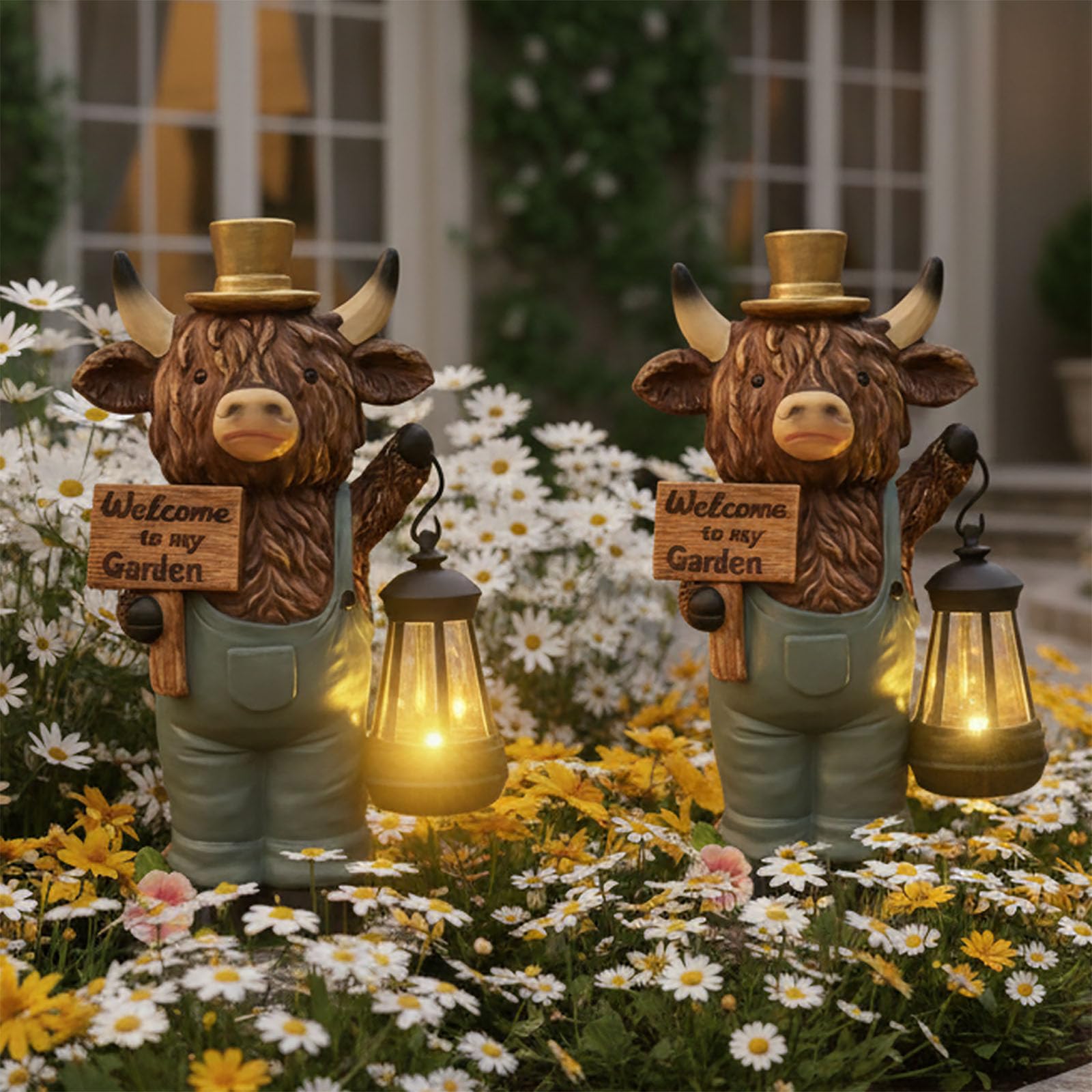 Zasilana energią słoneczną lampa ogrodowa Highland Bull, 15 cm, statuetka krowy z latarnią, wodoodporna rzeźba zwierząt na podwórko, patio, dekoracja trawnika