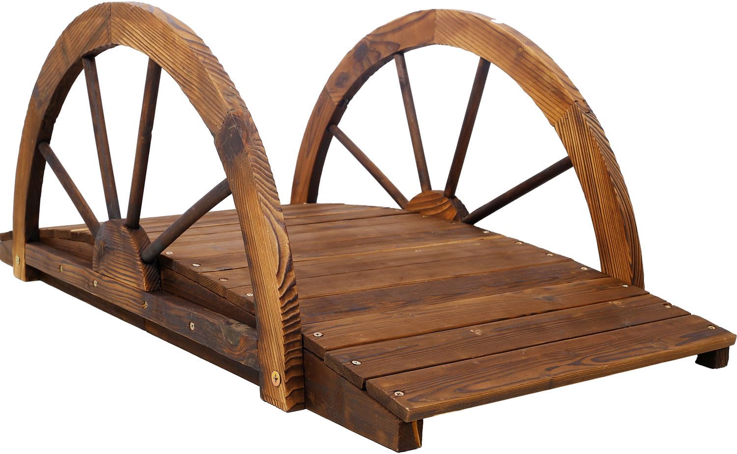 3.3 FT Wooden Garden Bridge with Half-Wheel Railings – Stained Arc Footbridge for Backyard, Pond, Creek & Outdoor Landscape Decor, Solid Fir Wood