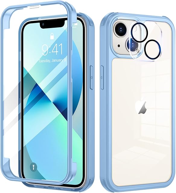 seacosmo Etui do iPhone 13 Mini z wbudowaną ochroną wyświetlacza i folią ochronną na aparat [9H HD], etui na telefon komórkowy 360 stopni, odporne na uderzenia iPhone 13 Mini Case - niebieskie