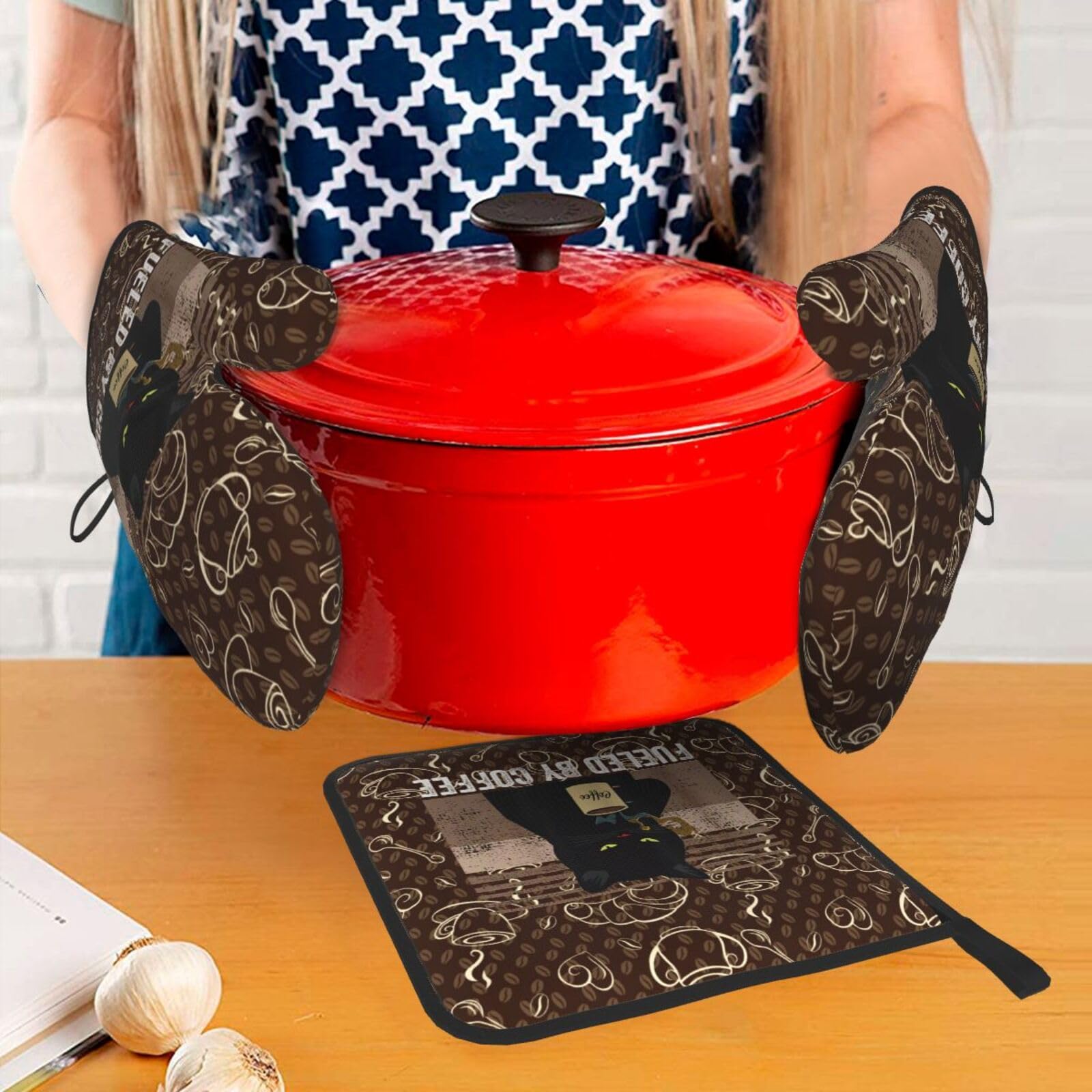 Ofenhandschuhe und Topflappen, Vintage-Katzen-Set, 3er-Set, Retro-Kaffee-Pads, Ofenhandschuhe, hitzebeständig, rutschfest, waschbar, für Küche, Kochen, Grillen, Backen