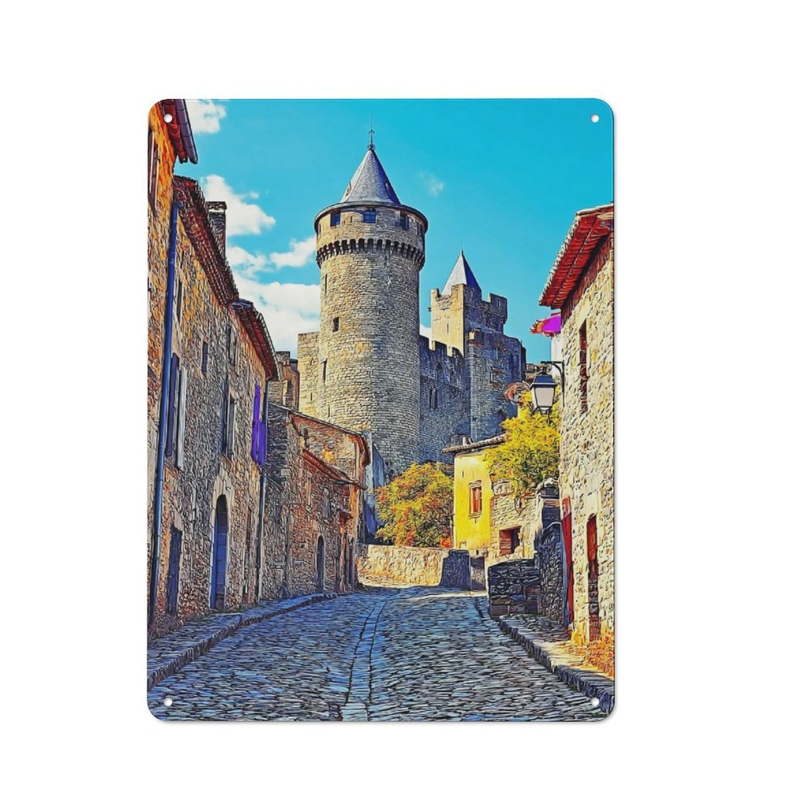 Junmoney Medieval Castle Street Scene -1 For Living Room Or Hallway, Rustic Metal Sign 40X30cm, For Home Interiors, Feature Walls And Decorative Displays