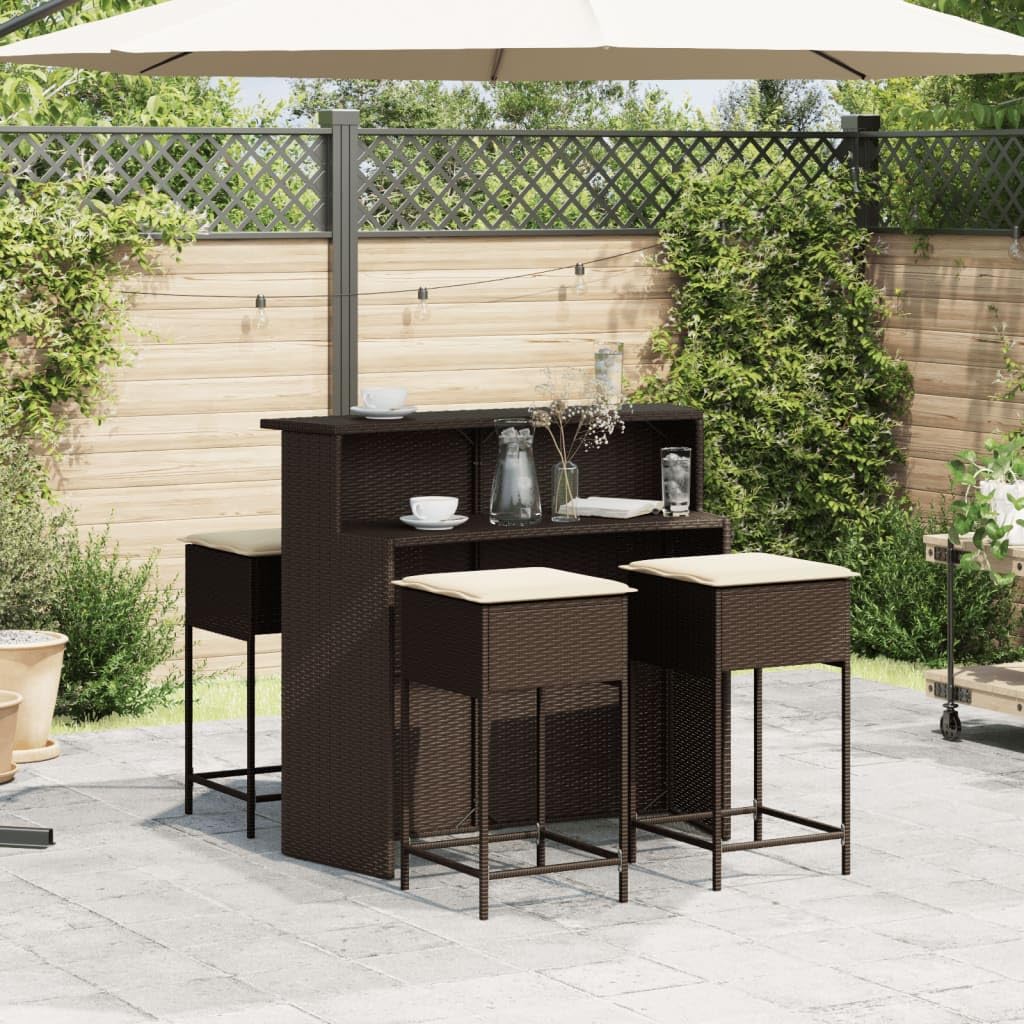 Juego de muebles de jardín con cojines de ratán sintético marrón para terraza, balcón, jardín, salón, comedor, muebles de exterior con mesa y taburetes