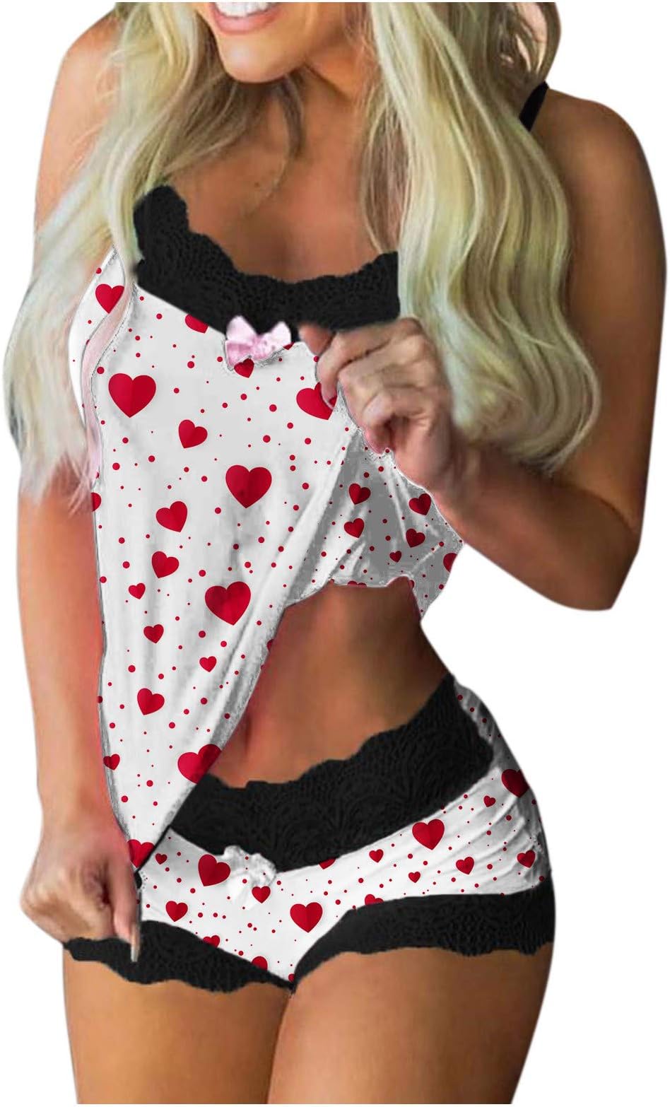 Lingerie Bodysuit Women Sexy Print Pajamas Sleeveless Lace Cami Shorts Lingerie Sleepwear Set