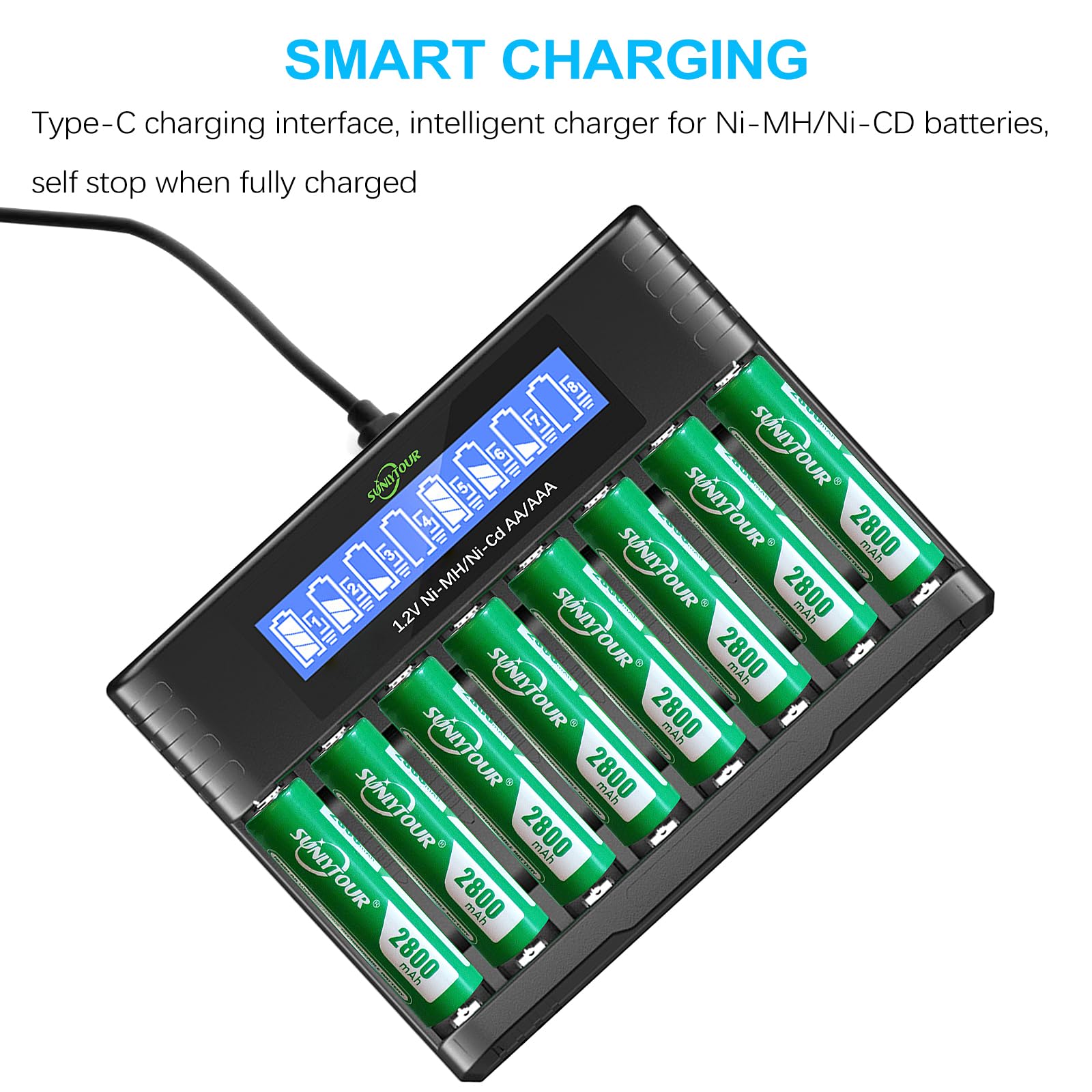 2800mAh Ni-MH AA Batterie avec Chargeur, SUNLYTOUR 8 Piles 2800mAh AA Ni-MH Batterie avec 8 Slots Chargeur de Batterie Jusqu'à 1200 Fois