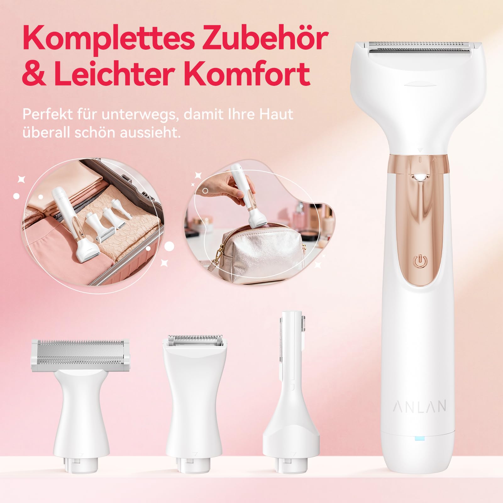ANLAN Elektrischer Damenrasierer 4 in 1, Intimrasierer Damen & Bikini Trimmer, USB-C Wiederaufladbar, IPX6 Wasserdicht für Nass & Trockenrasur, Körperrasierer für Beine, Achseln, Gesicht & Augenbrauen