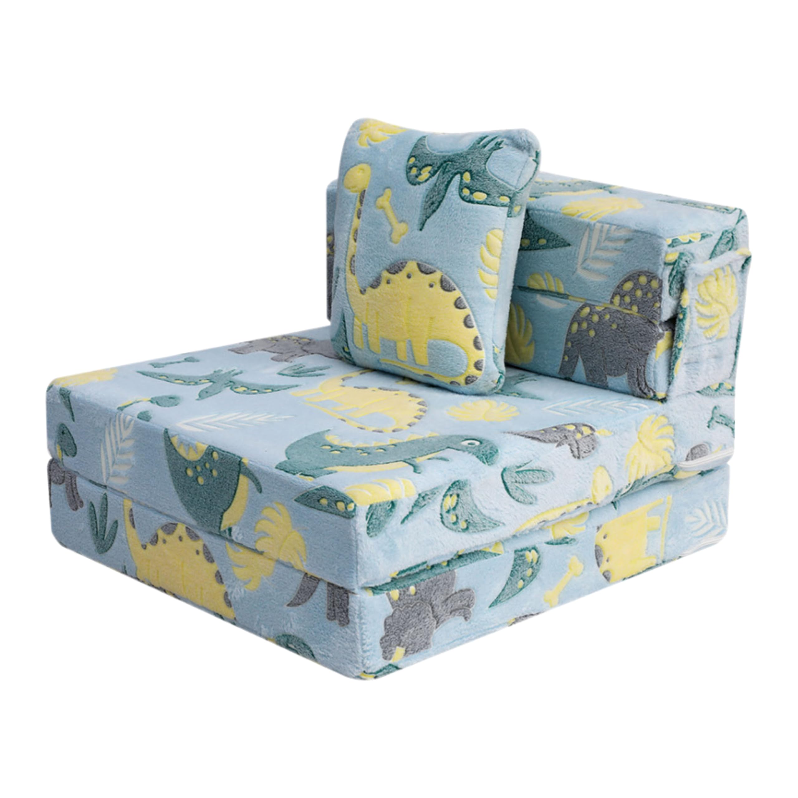 MeMoreCool Spielsofa für Kinder ab 3 Jahren – Faltbare Kindercouch, Blau Dinosaurier Design, Modulares Spielmöbel für Spielzimmer & Leseecke, Inklusive Kissen, Waschbar