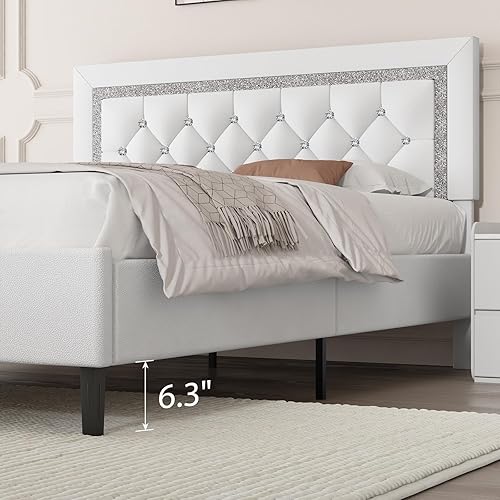 Miniatura 32 de BarnFurin Base de cama tamaño matrimonial con cabecera de botones copetudos, plataforma tapizada con diseño de diamante, soporte de listones de