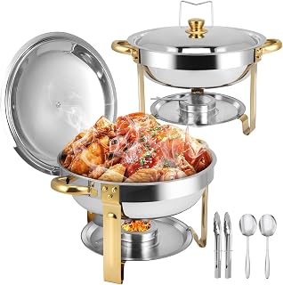BOEASTER 2-Pack 5QT Round Chafing Dishes Buffet Set - Gold & Silver Stainless Steel Food Warmers for Parties Catering