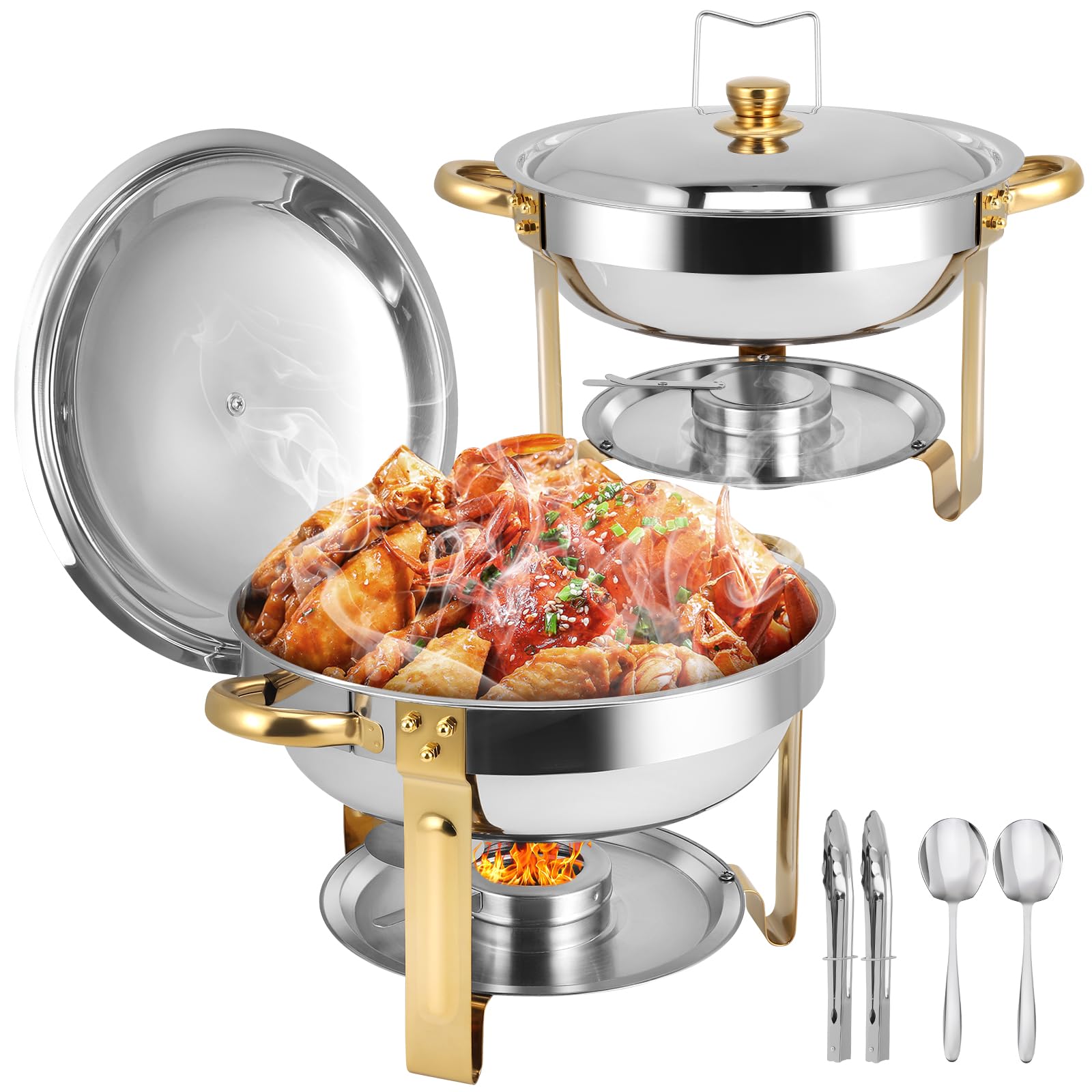 Chafing Dishes for Buffet 2 Pack, 5QT Round Chafing Dish Buffet Set [Elegant Gold and Silver Colors] Stainless Steel Buffet Food Warmers Sets for