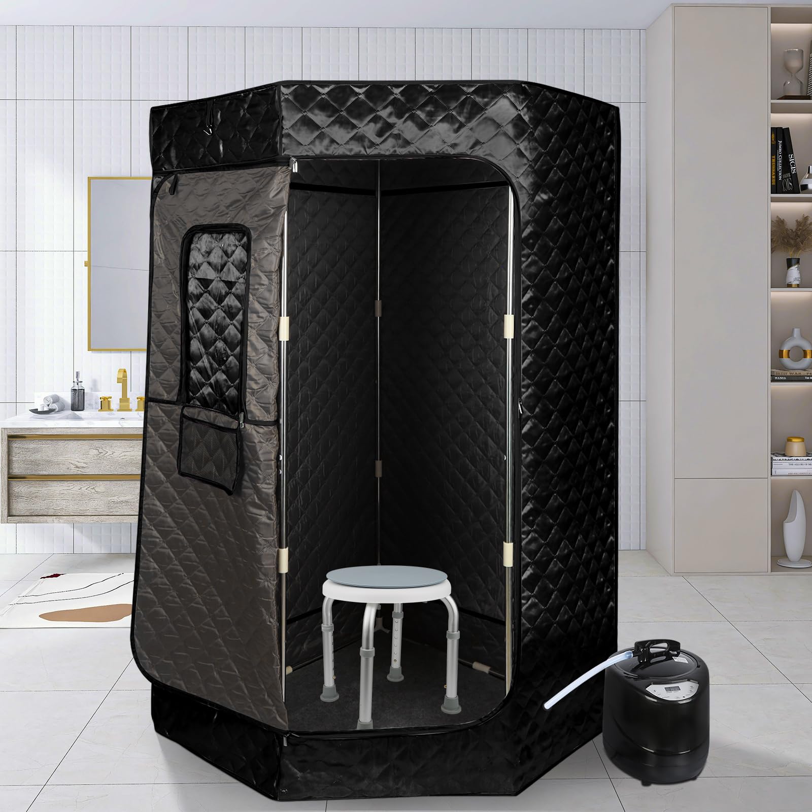 Sauna a Vapore Portatile, Cabina Domestica per SPA, 9 Temperature Regolabili, 0-99 Minuti, Telecomando,per Interna Esterno, Pressoterapia Iinfodrenaggio,90 * 90 * 180 cm (3L) (Nero)