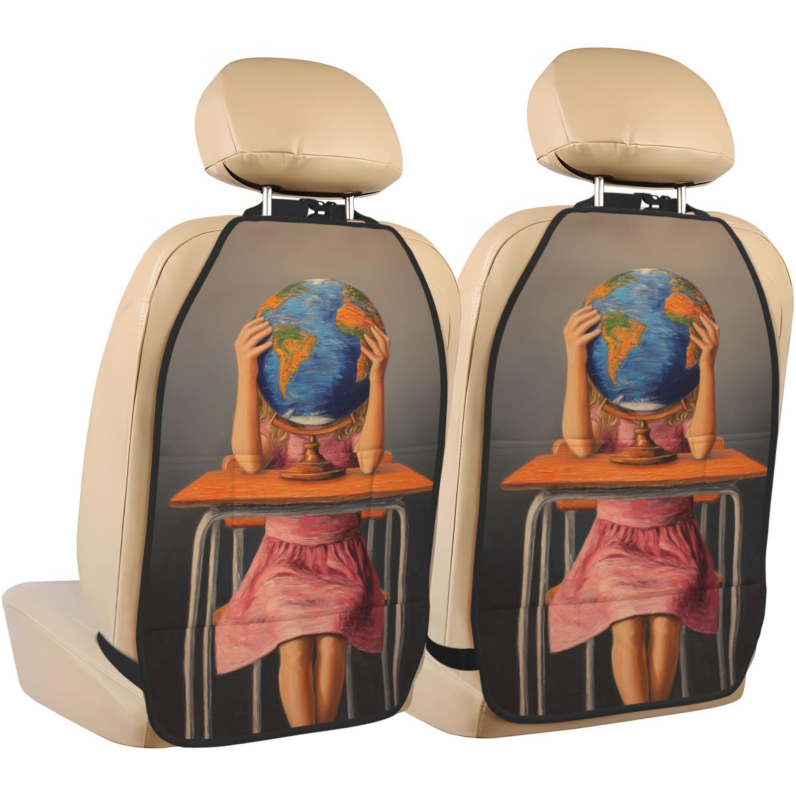 Young Girl Holding A World Globe Car Seat Back Kick Protectors,2 Pack Kick Mats With Storage Pockets For Vehicles To Protect From Dirt Mud Scratches