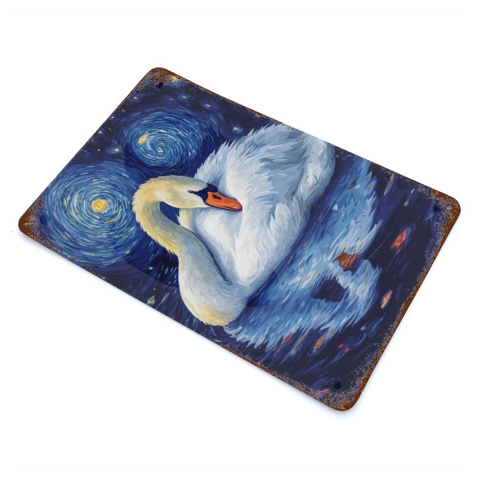 Swan Under Starry Night Vintage Rust Metal Sign 11.8"x7.9", for Basement, Hobby Room And Garage Decor, Farmhouse Wall Decor
