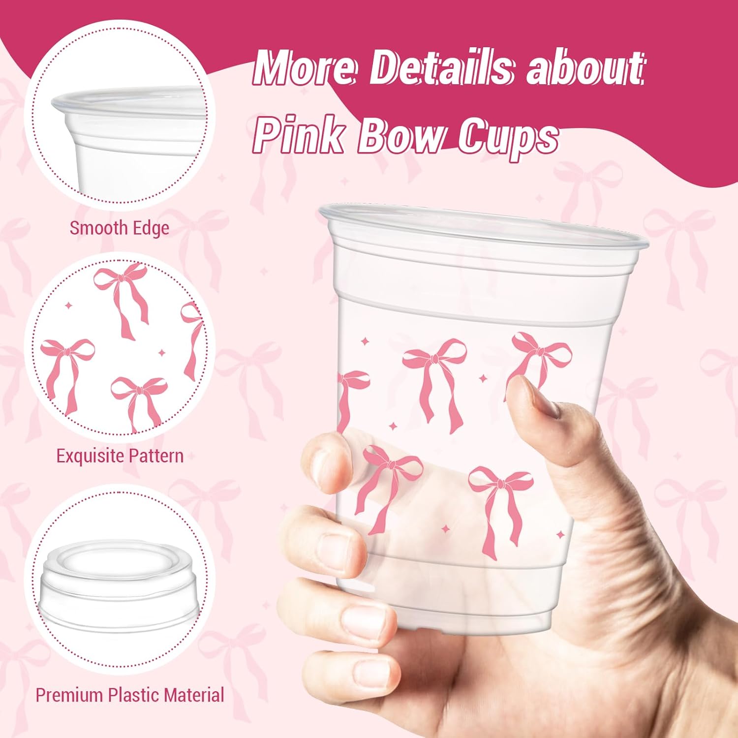 50 Pcs Pink Bow Cups, 12 oz Cute Bow Plastic Cups for Wedding Baby Shower Birthday Party Decorations Favors - Image 2