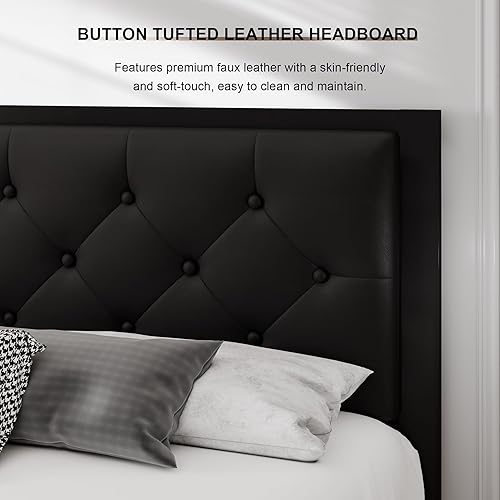 Miniatura 4 de Halence Marco de cama de metal de tamaño matrimonial con cabecera tapizada de piel sintética con puntada rómbica, plataforma resistente con soporte