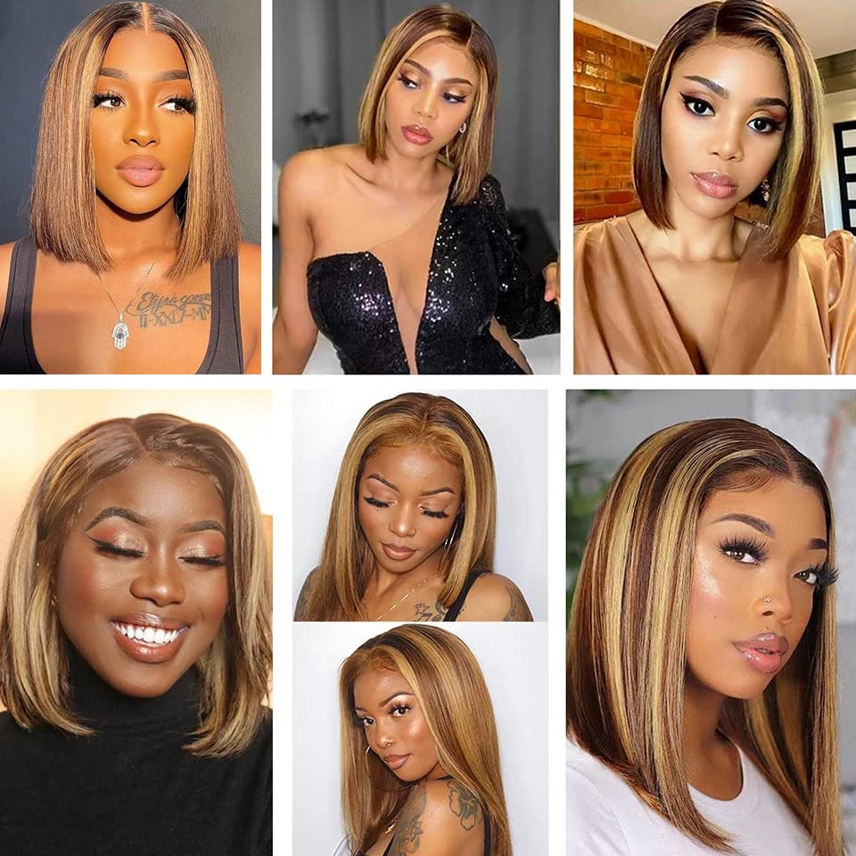 FQ 4/27 Highlight Bundles and Closure Straight P4/27 Human Hair Bundle with Closure(10 10 10+10) Brazilian Ombre Honey Blond Colored Short Bob 50g 3 Bundles with 4x4 Lace Closure