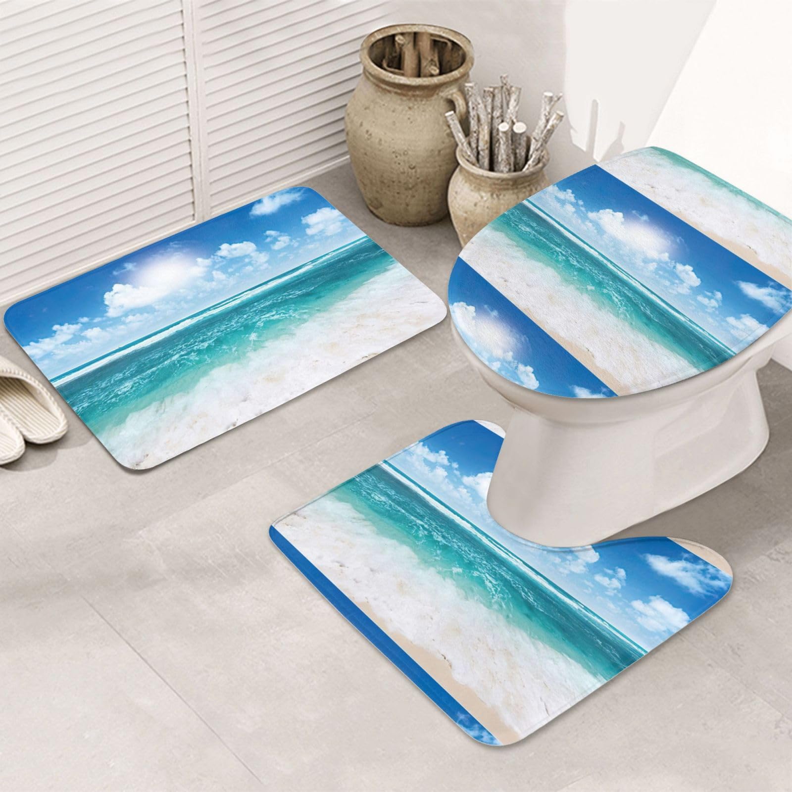 BREAUX Blue Sky Tapis de sol antidérapant pour salle de bain Motif paysage marin tropical 3 pièces