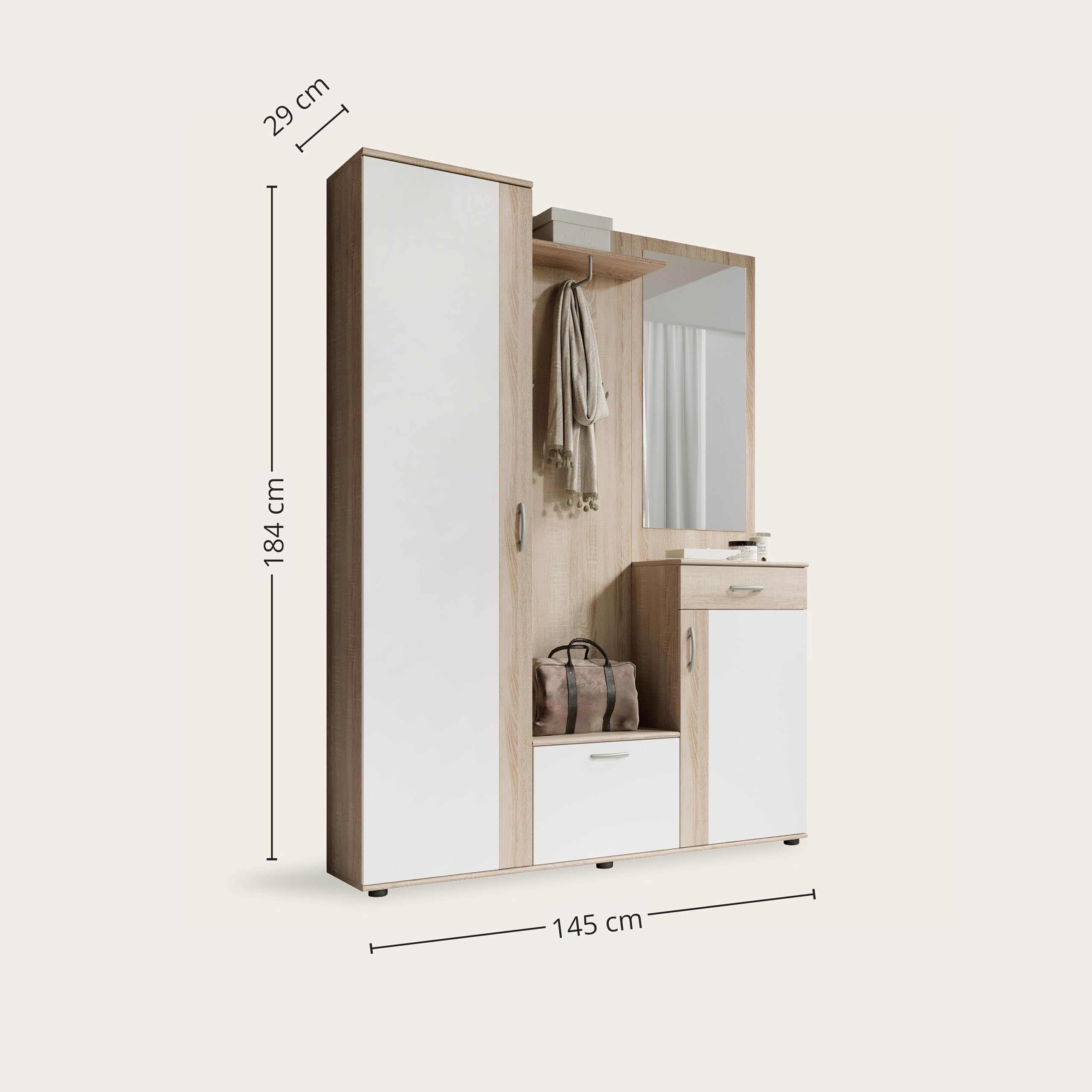 Stella Trading PATENT Flurgarderoben Set Sonoma Eiche Optik Weiß 145x184x29 cm B/H/T