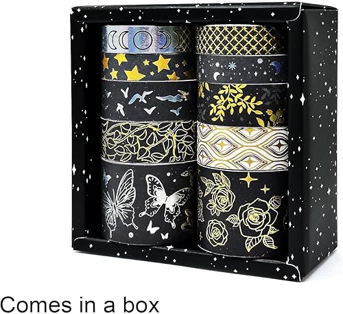 Miniatura 5 de allydrew Juego de caja decorativa de cinta washi de lámina dorada para artes y manualidades, álbumes de recortes, papelería, diario (10 rollos),