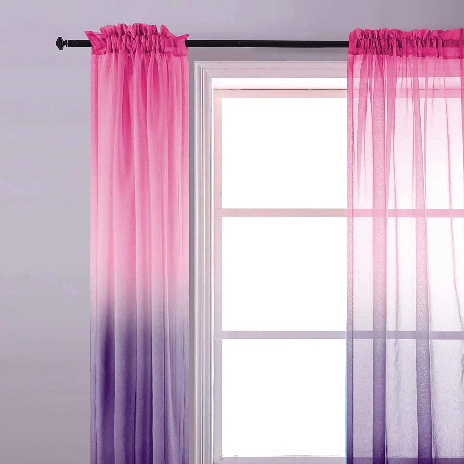 Vorhange Farbverlauf Rosa Lila 2er Set Voile Gardinen Halbtransparent Bunt Vorhänge mit Rod Tasche für Kinderzimmer Wohnzimmer Schlafzimmer,132x243