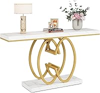 Vista 8 de Tribesigns Mesa Consola de 55 Pulgadas para Pasillo, Mesa de Entrada de Mármol Sintético Dorado con Base de Metal Geométrico, Mesa de Acento Moderna