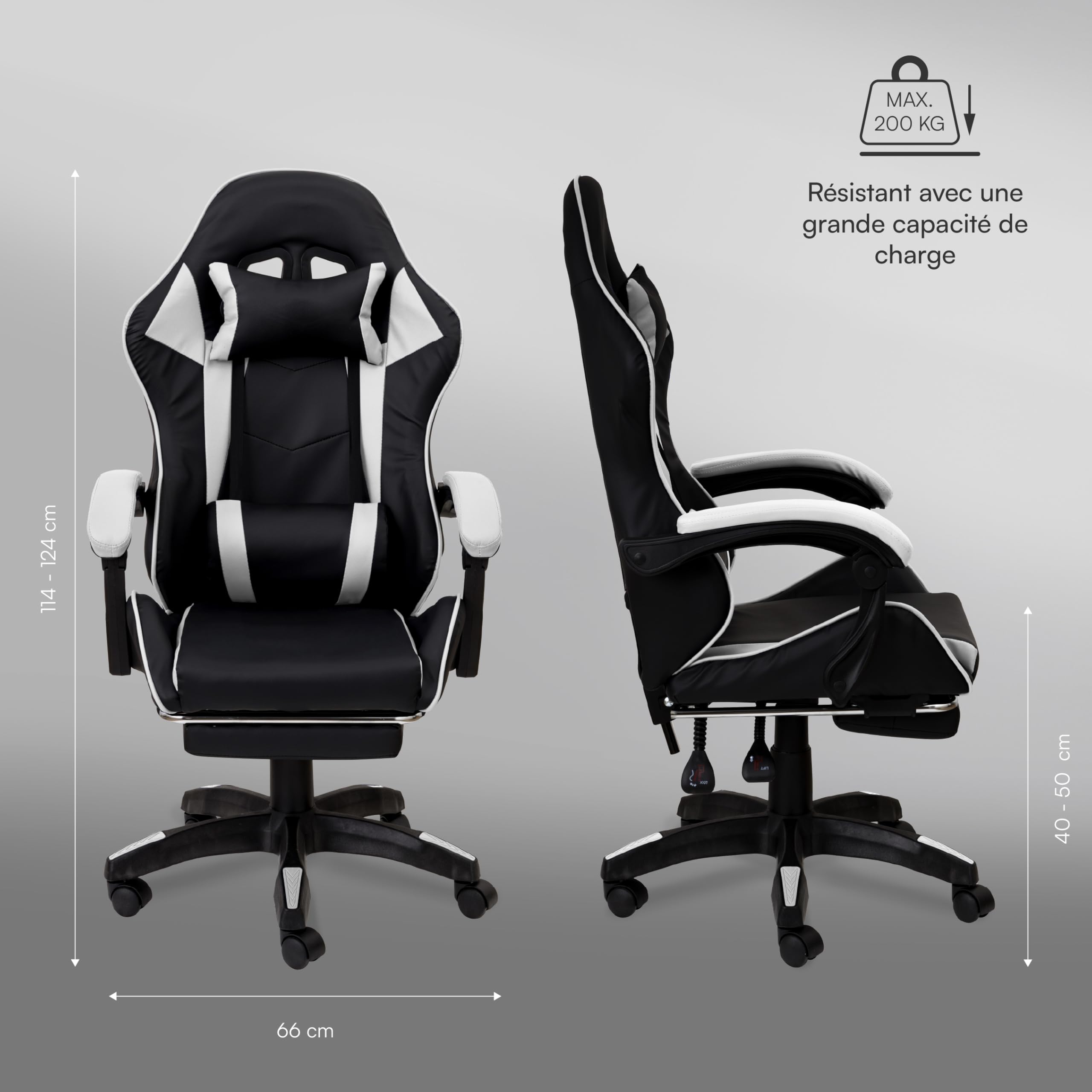 Baroni Home Chaise Gaming avec Dossier Ergonomique Reclinable et Hauteur Ajustable, Chaise de Bureau avec Support Lombaire, Repose-tête Mousse et Repose-Pieds Extractible, Blanc, 58x66x114-124 cm