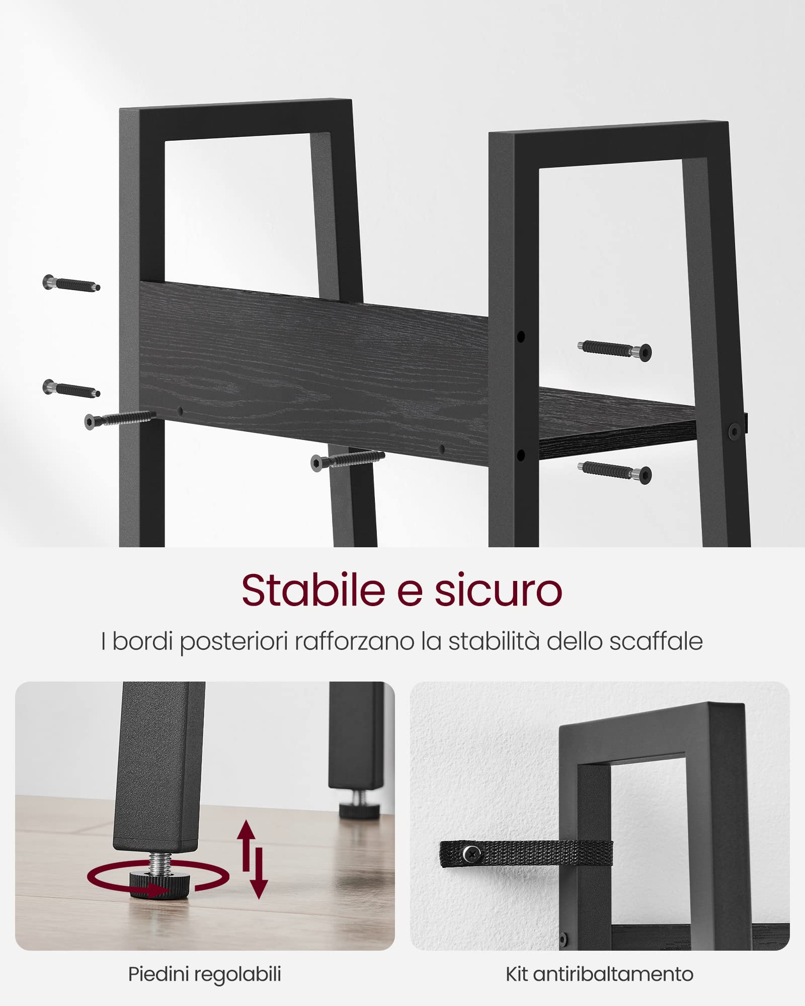 VASAGLE Scaffale a Scala, libreria a 5 Ripiani, Mobile in Piedi, Ufficio, Soggiorno, Camera da Letto, Cucina, Stile Industriale, Legno Nero LLS109B56