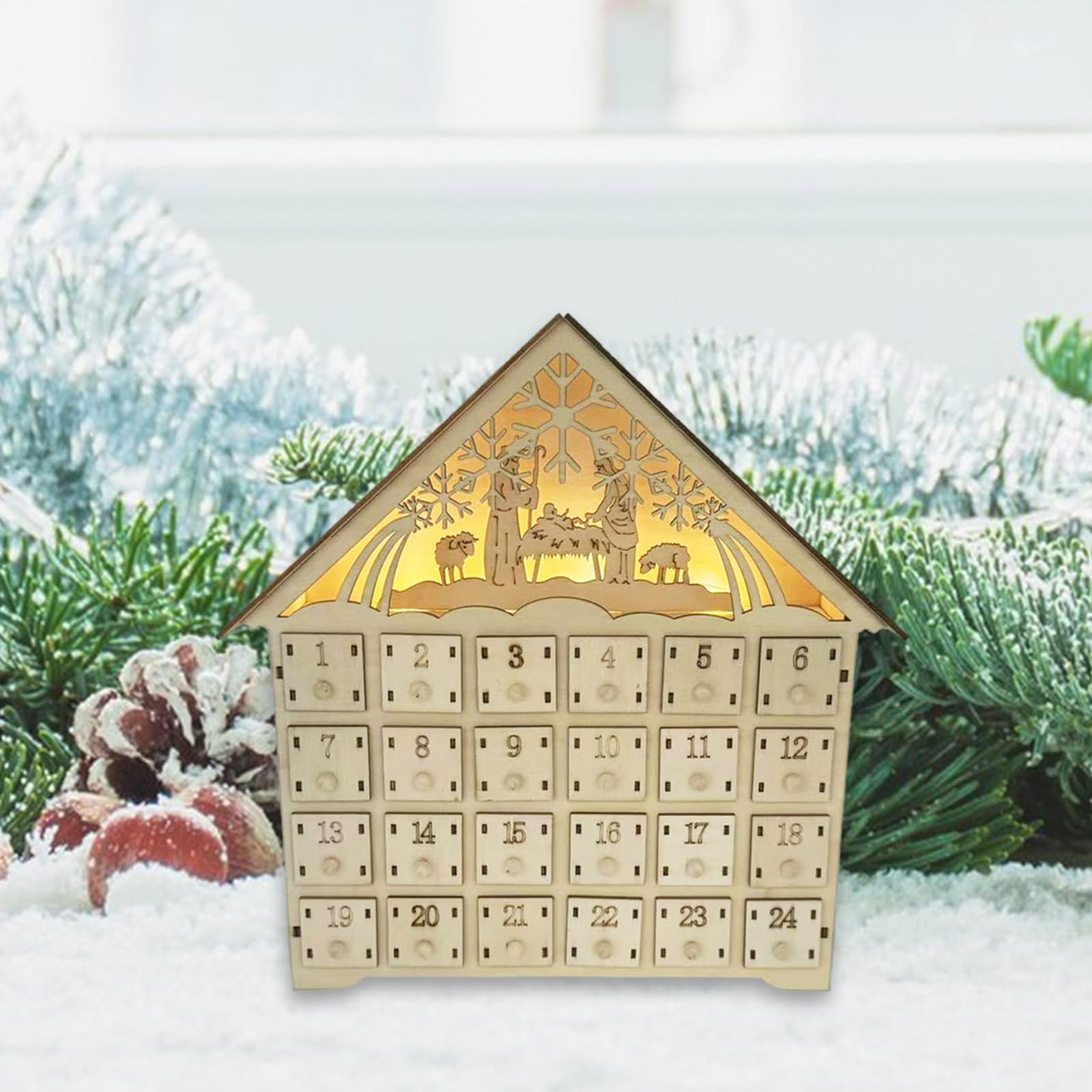 LED beleuchteter Holz Adventskalender Weihnachtsgeister 24 Tage Countdowns Kalender mit LED-Lichtern und Aufbewahrungsschubladen