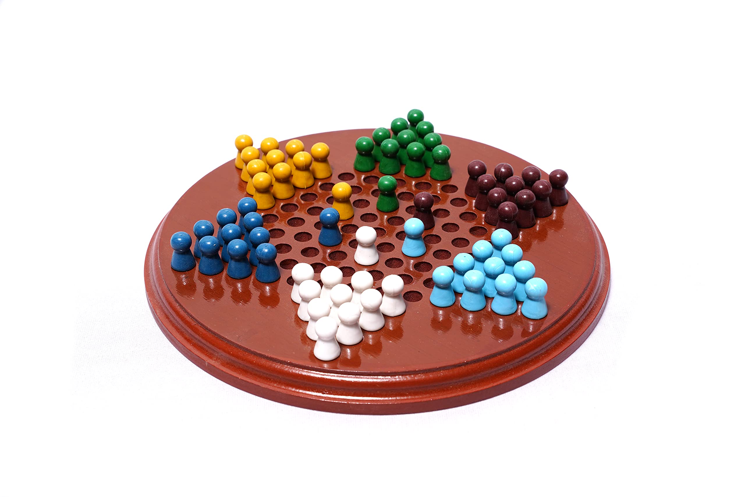 Lakshya India Wooden Round Chinese Checker Board Game Brown colourful plastic pegs Perfect for Family Fun and Strategic Challenges (Color-Multicolor)