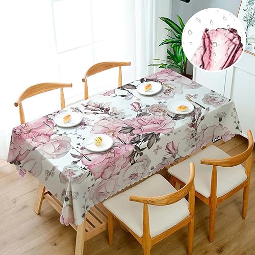 Miniatura 3 de Swono Mantel rectangular de 52 x 70 pulgadas, diseño de rosas y hojas de acuarela, resistente para mesas rectangulares, mantel decorativo para