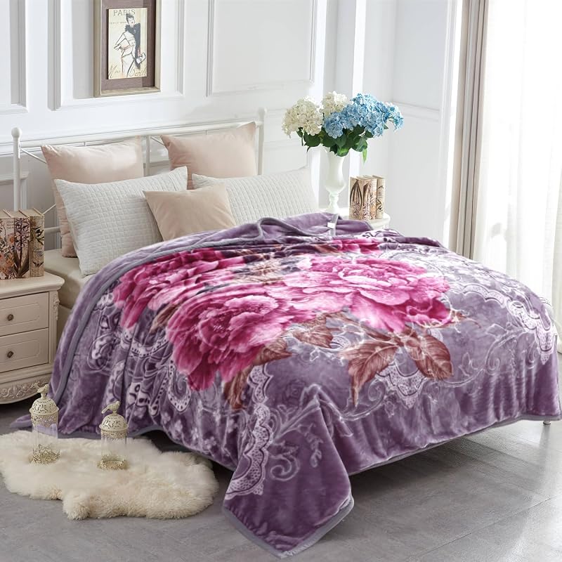 JYK King Size Faux Mink Fleece Blanket, 2 Ply 520GSM 5.7LB Blanket 83"x91" | Korean Style Reversible A&B Florals Printed, Silky Soft Plush Warm Blanket for Autumn Winter, Light Purple Peony/Peony