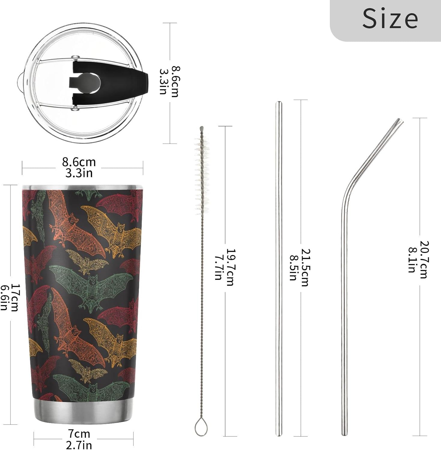 Halloween Tumbler Colorful Bat Insulated Coffee Cup Back to School Beverage Container Office Travel Mug with Straw and Lid 20oz Holiday Gift Day of The Dead Present - Image 2