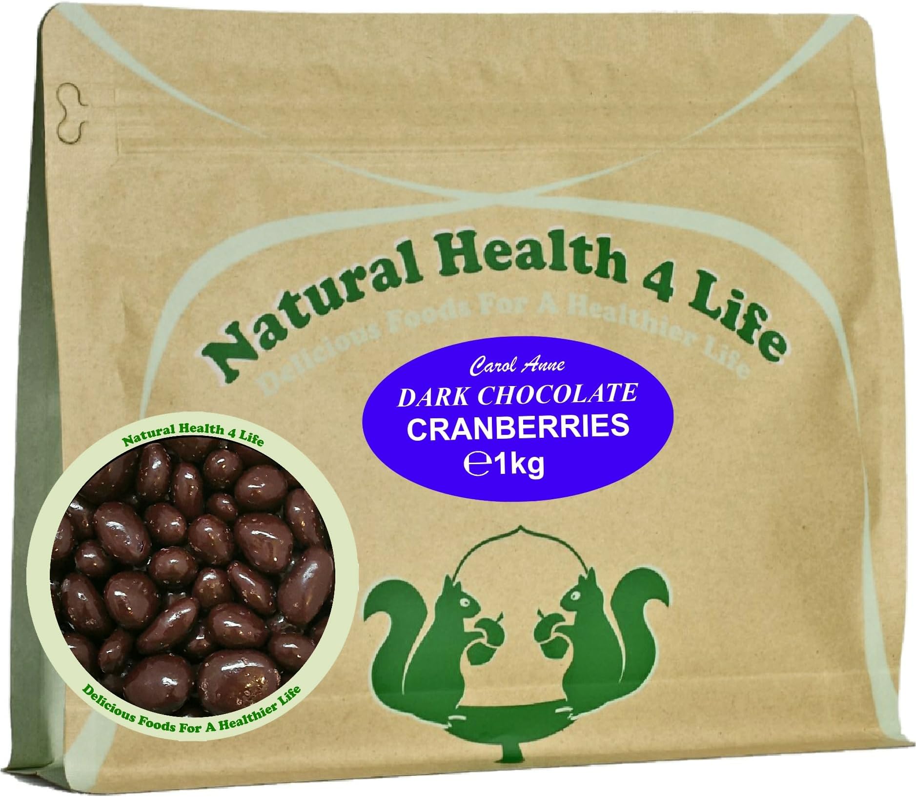 Natural Health 4 Life Carol Anne Confectionery Dark Chocolate Cranberries 1kg, Chocolate Covered Cranberries in Resealable Pouch, ‎2.6g Protein/100g, Snack for Parties, Baking (1 Pouch)