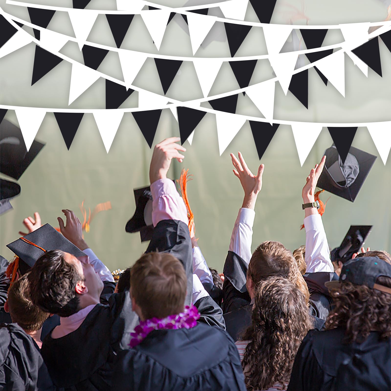Banderines triangulares de tela de 100 pies/76 unidades, decoraciones de fiesta para bodas, cumpleaños de niños, decoración de festivales colgantes de jardín al aire libre (negro, blanco)