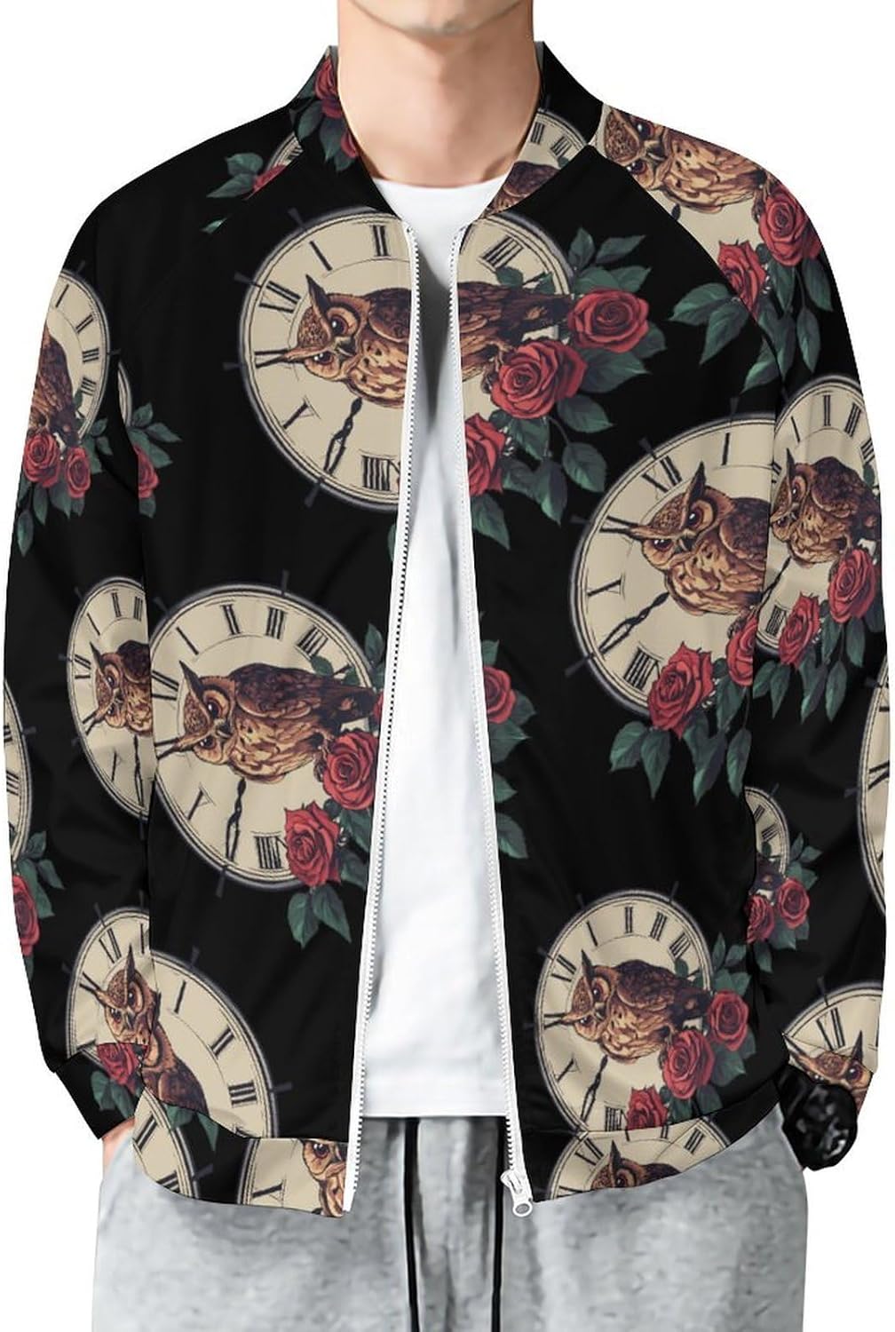 Owl Rose Flowers Clock Men's Zip Up Sweatshirt Casual Sweater Jackets Long Sleeve Tops Lightweight Coat