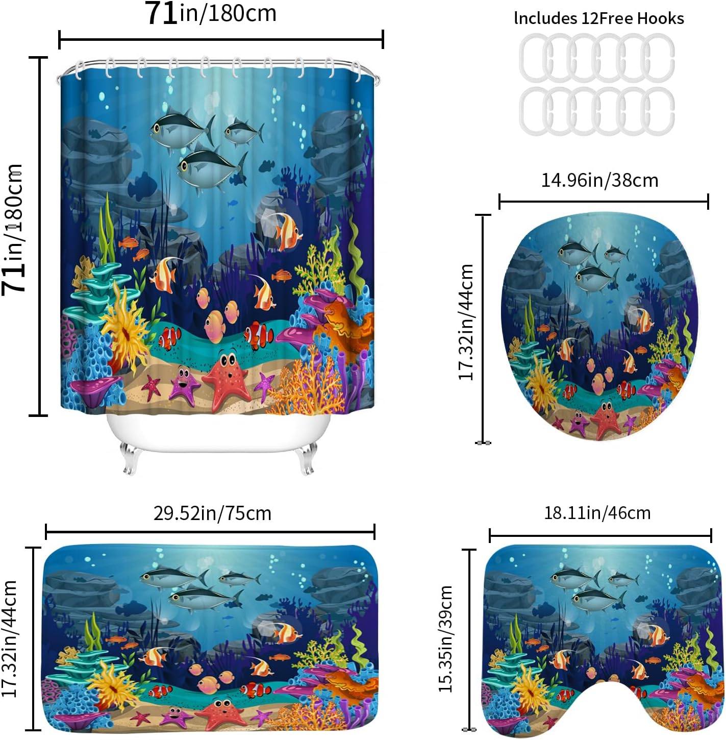 Colorful Fish Underwater Shower Curtain Set, 4 Piece Bathroom Decor with 12 Hooks, Vibrant Marine Life Bath Curtain