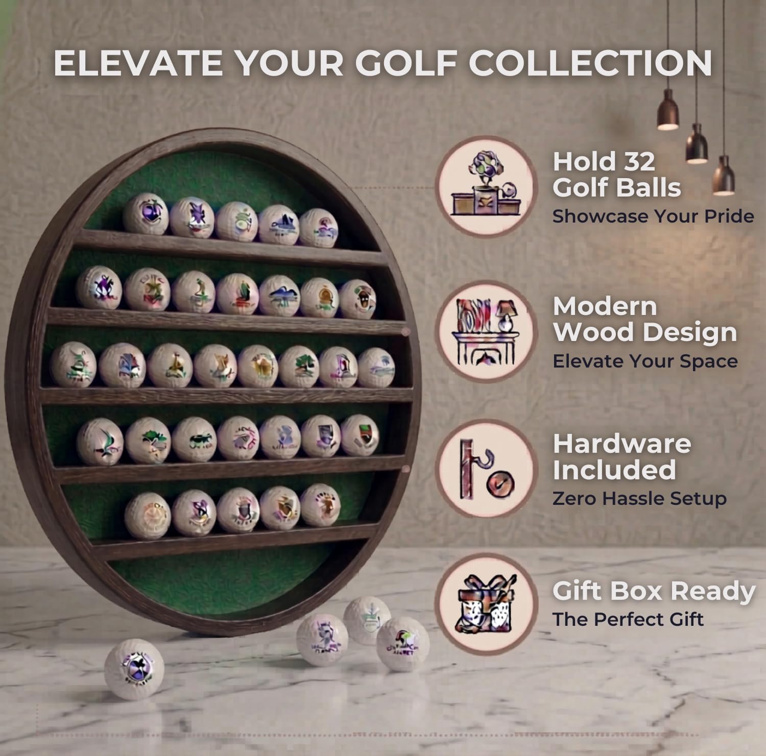 Golf Ball Display Case for 32 Balls – Modern Golf Decor ft. 18” Moon Shelf Design, Solid Wood, Wall Mounted, Dark Brown Finish – Golf Ball Holder & Display Cases for Collectibles
