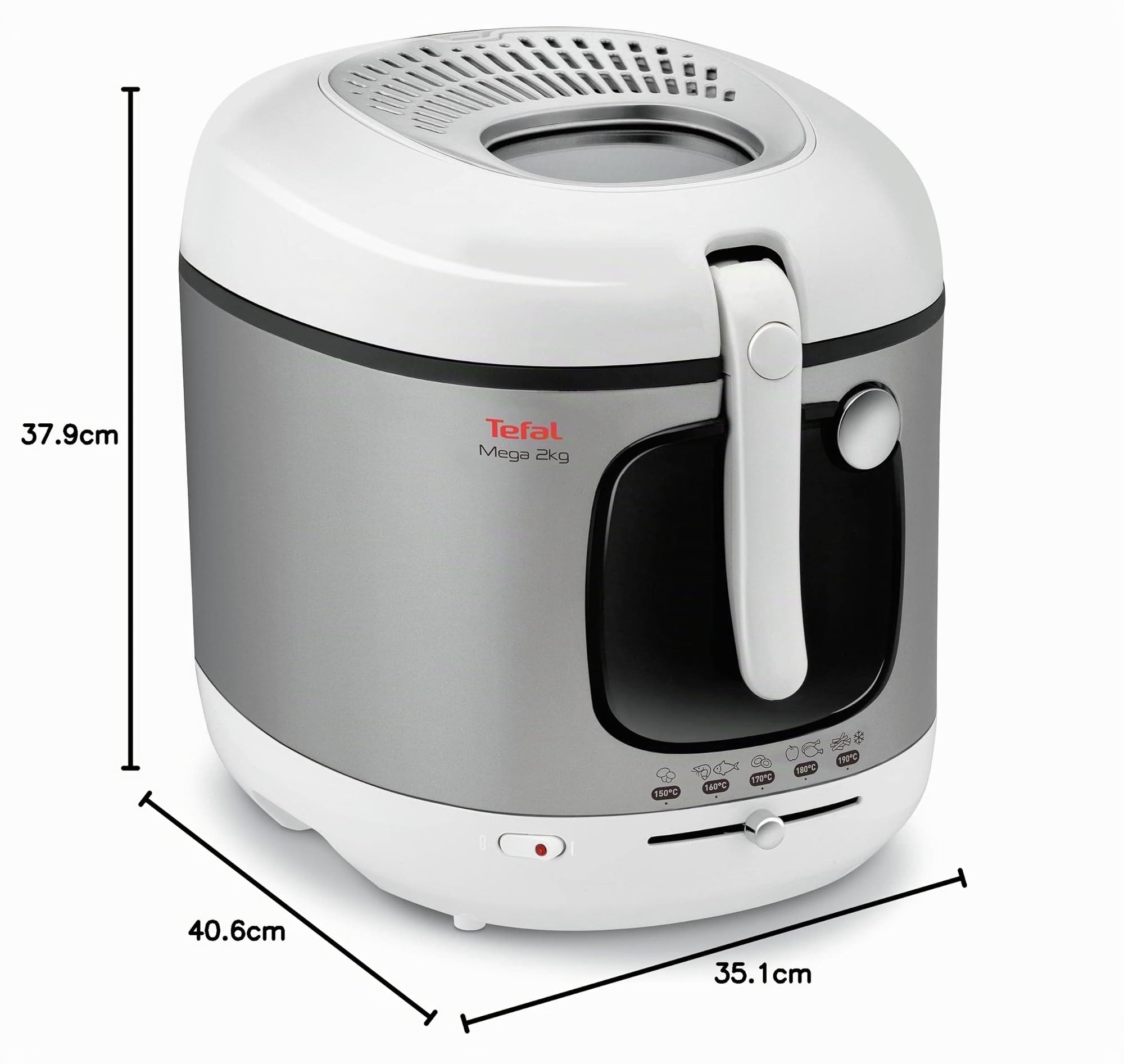 Tefal Mega 2 kg Elektrische Fritteuse, 3,3 L Öl-Kapazität, Anti-Geruchs-Filter, spülmaschinenfeste Teile, Sichtfenster, einstellbares Thermostat, weiß, Edelstahl, FR4800